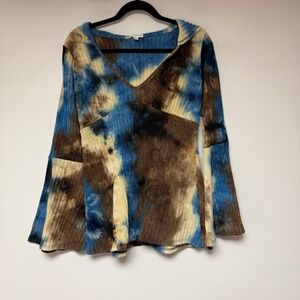 Earthbound Trading Co Hooded Top Womens XL Blue Brown Excellent Bell Sleeve Boho